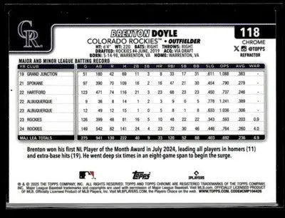 2025 Topps Chrome #118 Brenton Doyle Refractors - Baseball Card Single