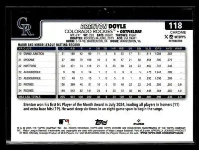 2025 Topps Chrome #118 Brenton Doyle Refractors - Baseball Card Single