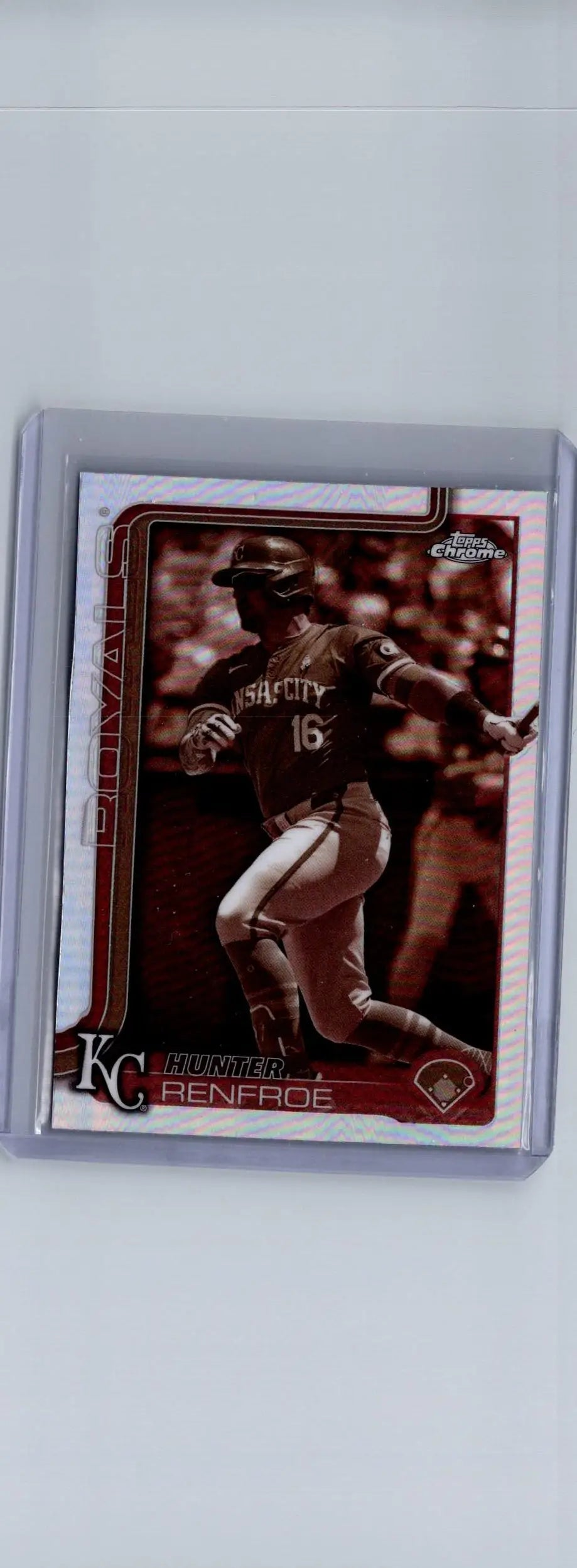 Baseball trading card of Hunter Renfroe in Kansas City Royals uniform from 2025 Topps Chrome Renfroe Sepia Refractors