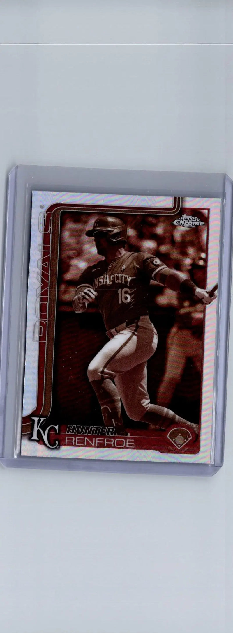 Baseball trading card of Hunter Renfroe in Kansas City Royals uniform from 2025 Topps Chrome Renfroe Sepia Refractors