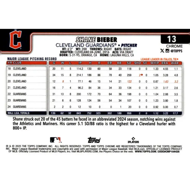 2025 topps Chrome #13 Shane Bieber NM-MT Cleveland Guardians Baseball Card - Baseball Card Single
