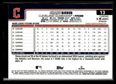 2025 Topps Chrome #13 Shane Bieber Refractors - Baseball Card Single