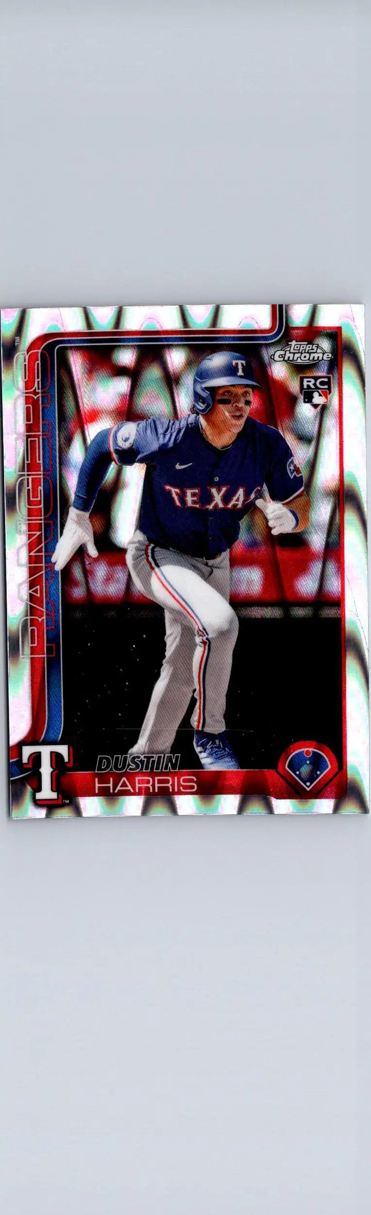 Baseball trading card of Dustin Harris in Texas Rangers uniform from 2025 Topps Chrome Harris Prism Refractors