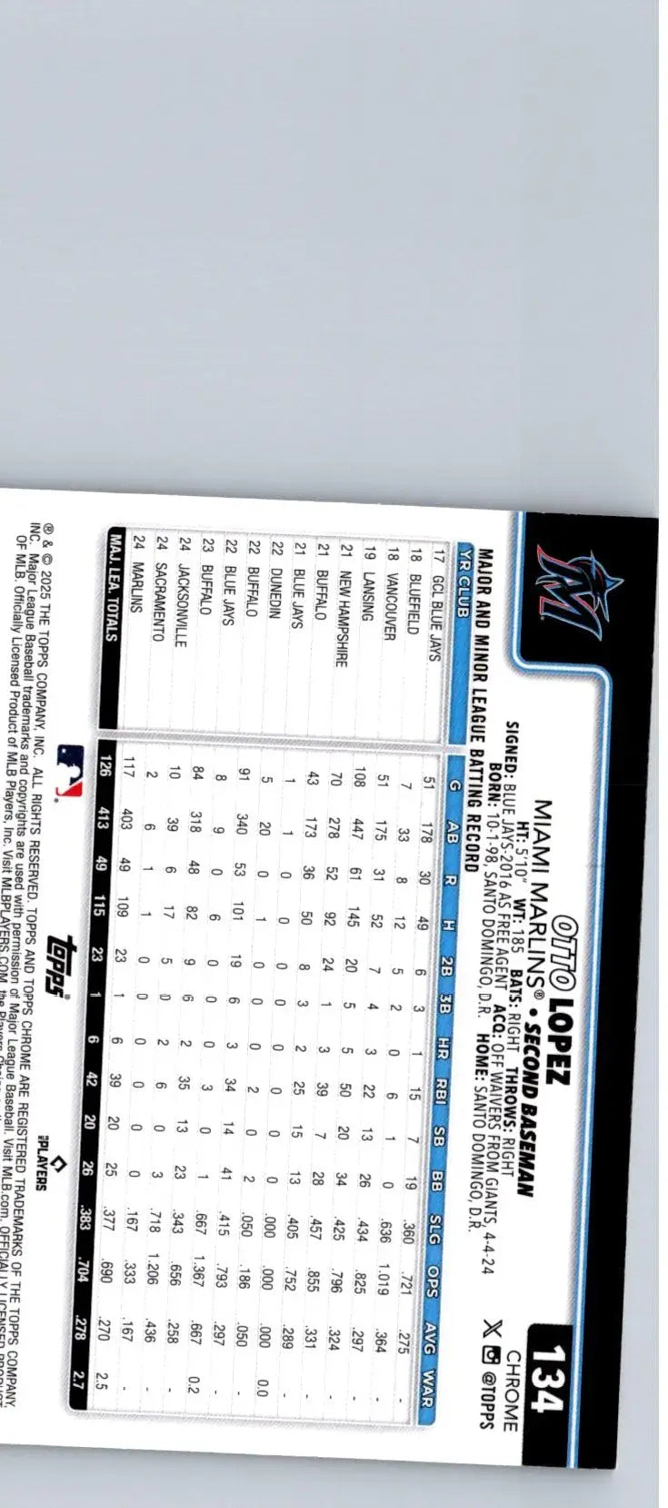 Baseball trading card of Otto Lopez Sepia Refractors from 2025 Topps Chrome #134