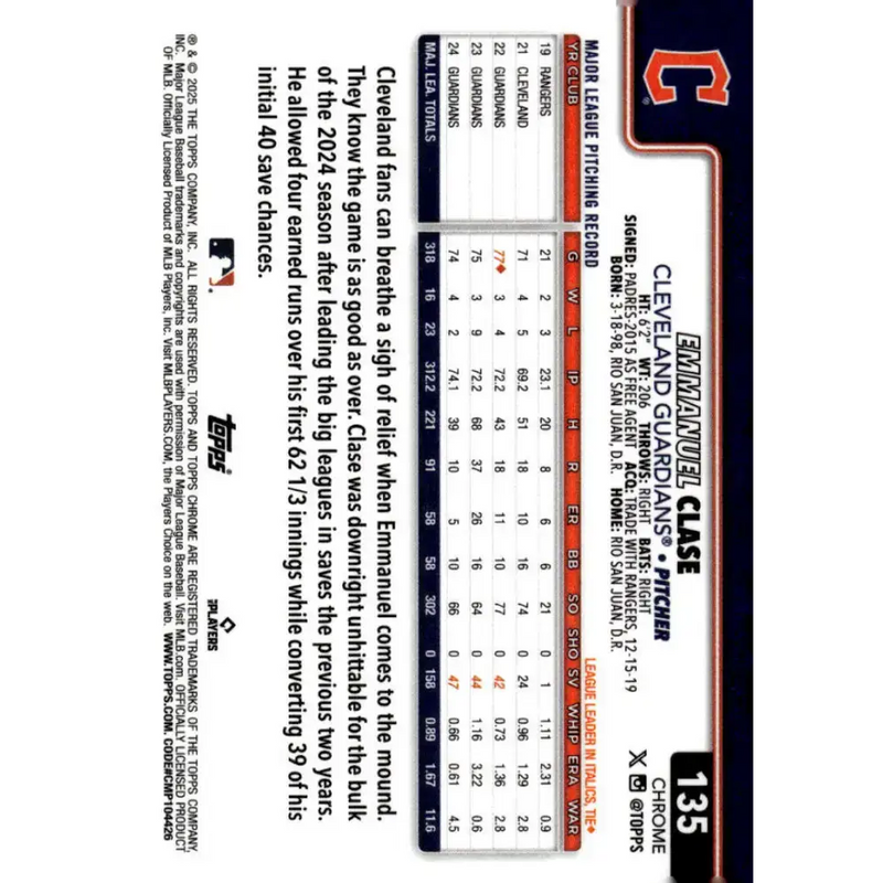 2025 topps Chrome #135 Emmanuel Clase NM-MT Cleveland Guardians Baseball Card - Baseball Card Single