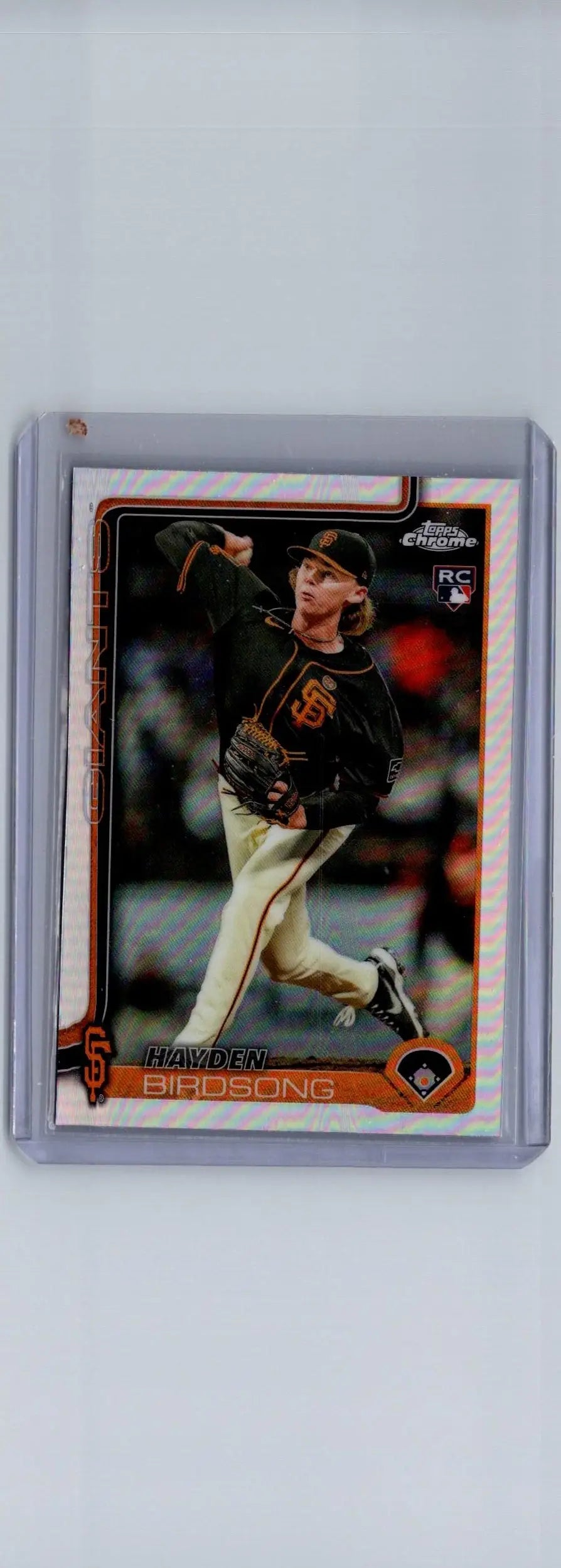 Baseball trading card featuring Hayden Birdsong in pitching stance from 2025 Topps Chrome Refractors