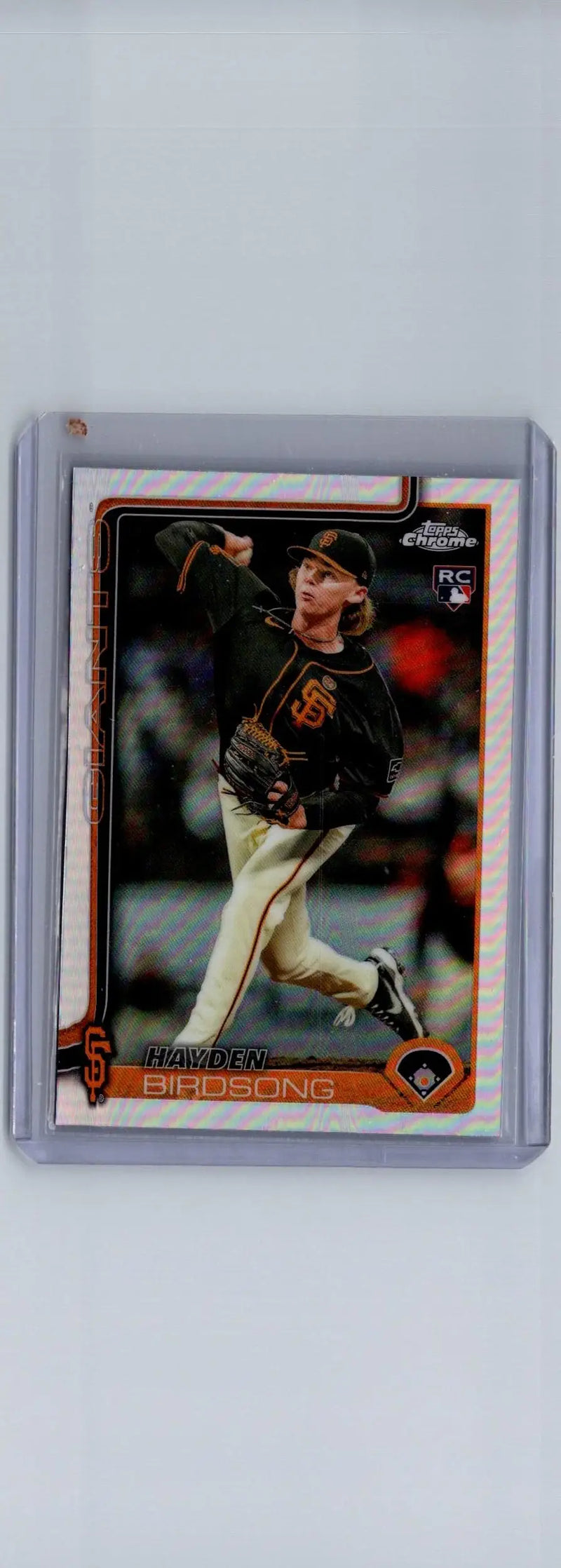 Baseball trading card featuring Hayden Birdsong in pitching stance from 2025 Topps Chrome Refractors