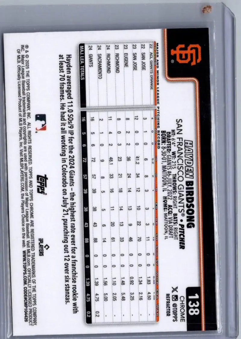 Hayden Birdsong baseball trading card from 2025 Topps Chrome Birdsongs Refractors series