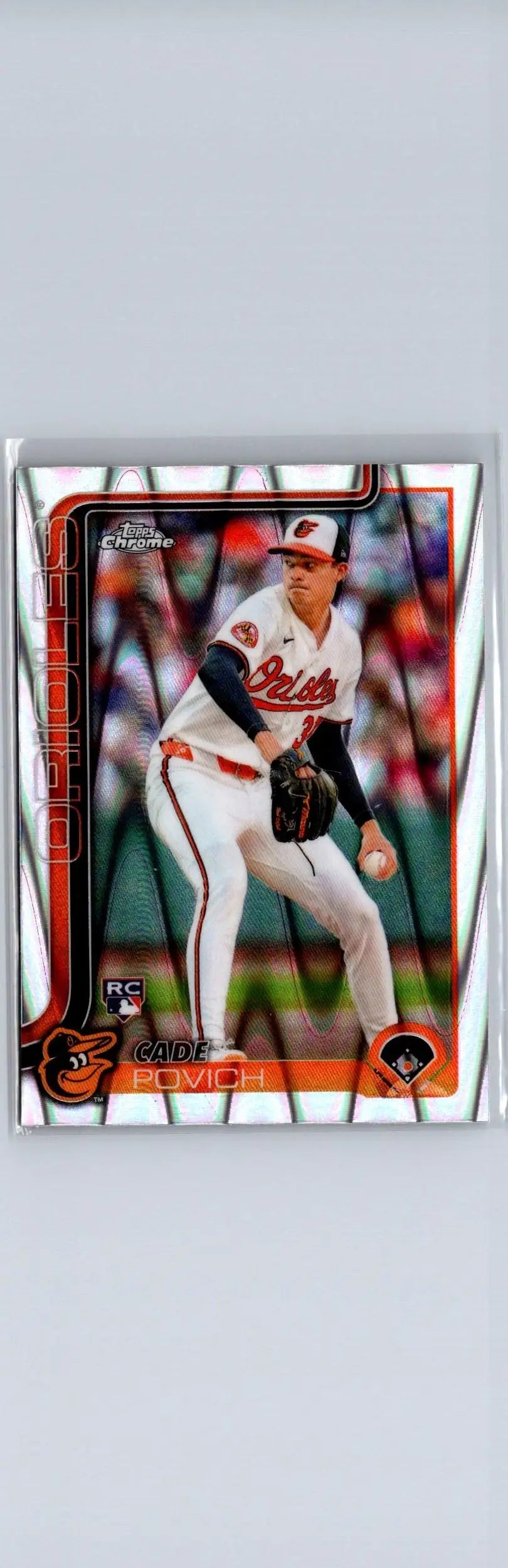 Baseball trading card of Cade Povich Raywave Refractors featuring a pitcher in white and orange uniform
