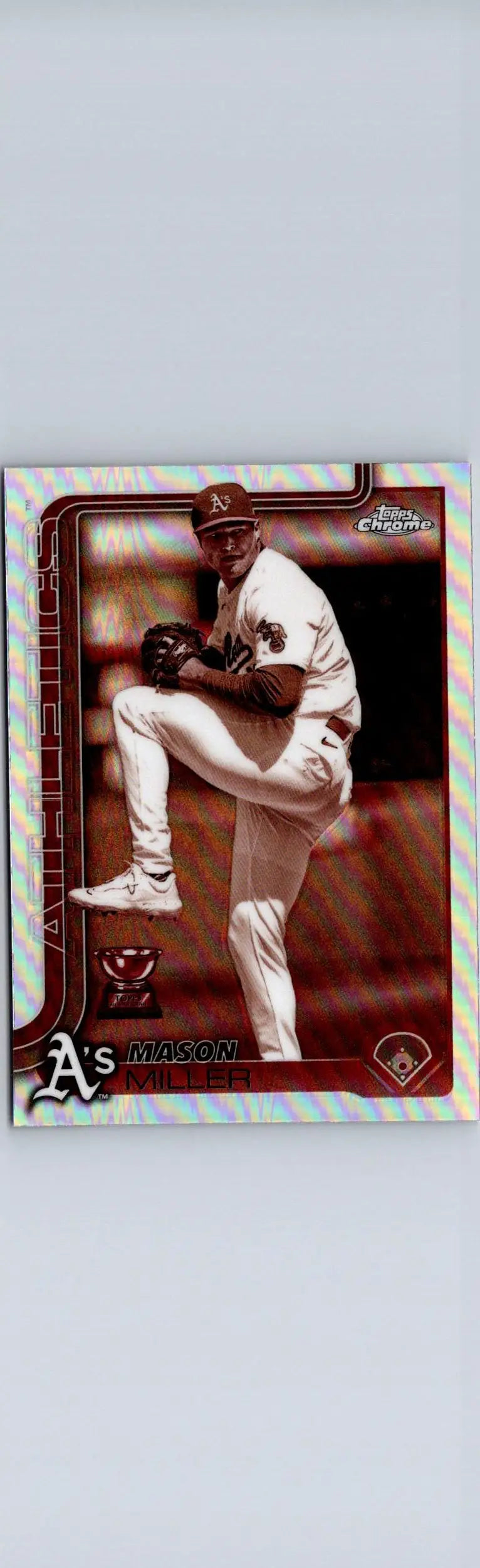 Mason Miller Sepia Refractors baseball card with pitcher in white and green uniform