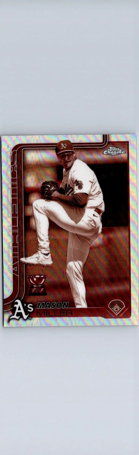 Mason Miller Sepia Refractors baseball card with pitcher in white and green uniform