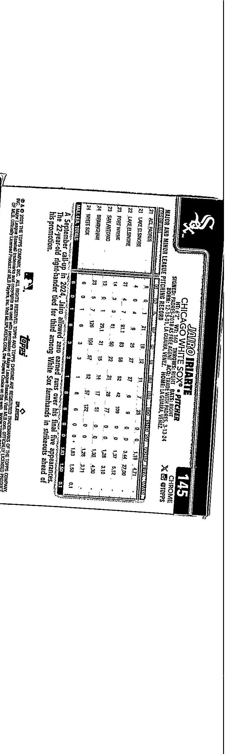Back of 2025 Topps Chrome Jairo Iriarte baseball card with player statistics and X-Fractors