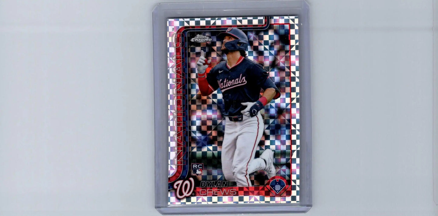 Baseball trading card featuring Dylan Crews in Washington Nationals uniform from Topps Chrome