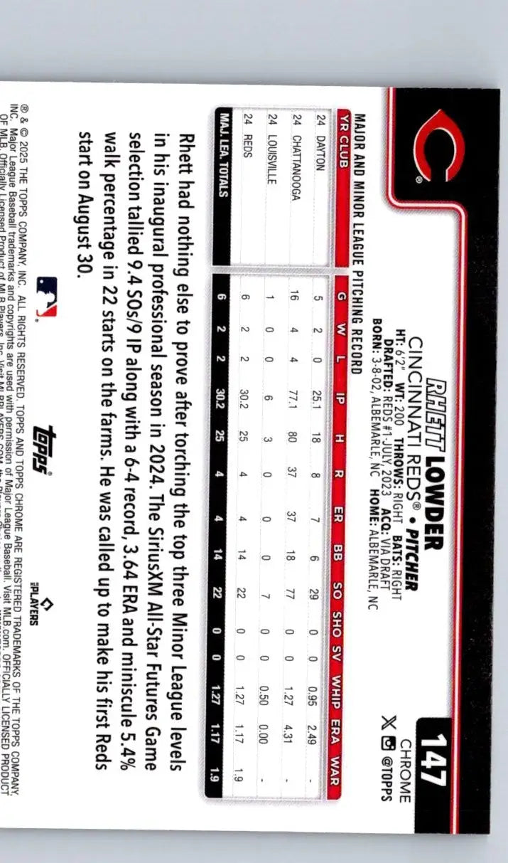 Baseball trading card of Rhett Lowder Raywave Refractors from 2025 Topps Chrome