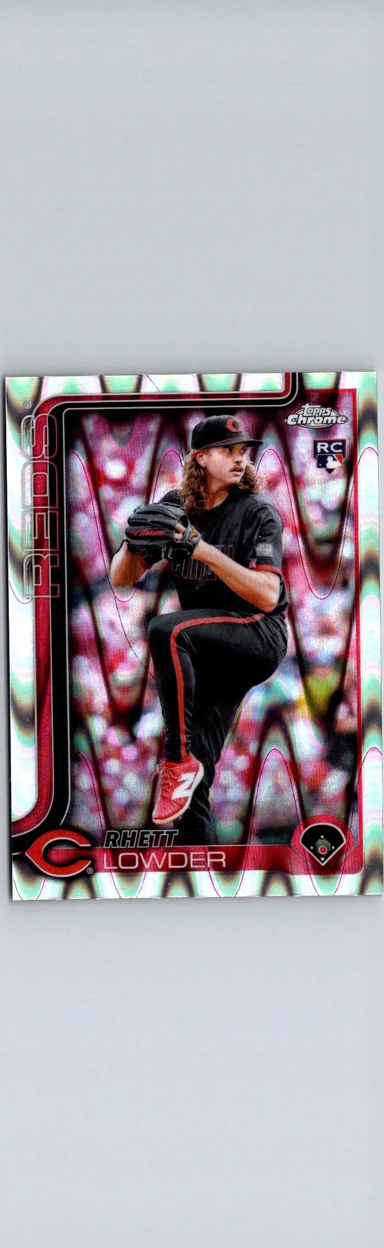 Baseball trading card featuring Rhett Lowder in a red and black uniform with Raywave Refractors