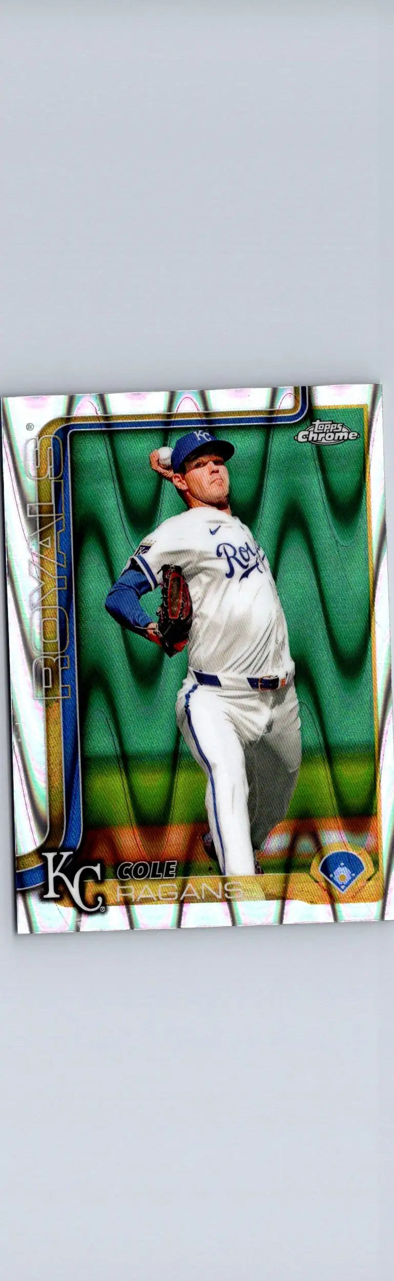 Baseball trading card featuring Cole Ragans Raywave Refractors in a white and blue uniform