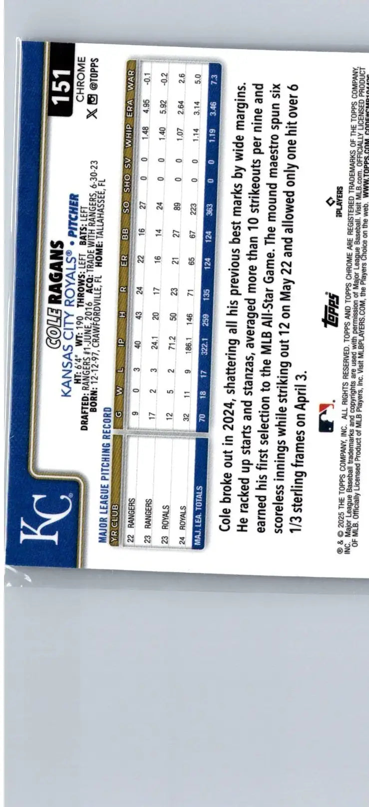 Back of 2025 Topps Chrome Cole Ragans X-Fractors baseball trading card