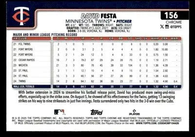 2025 Topps Chrome #156 David Festa - Baseball Card Single