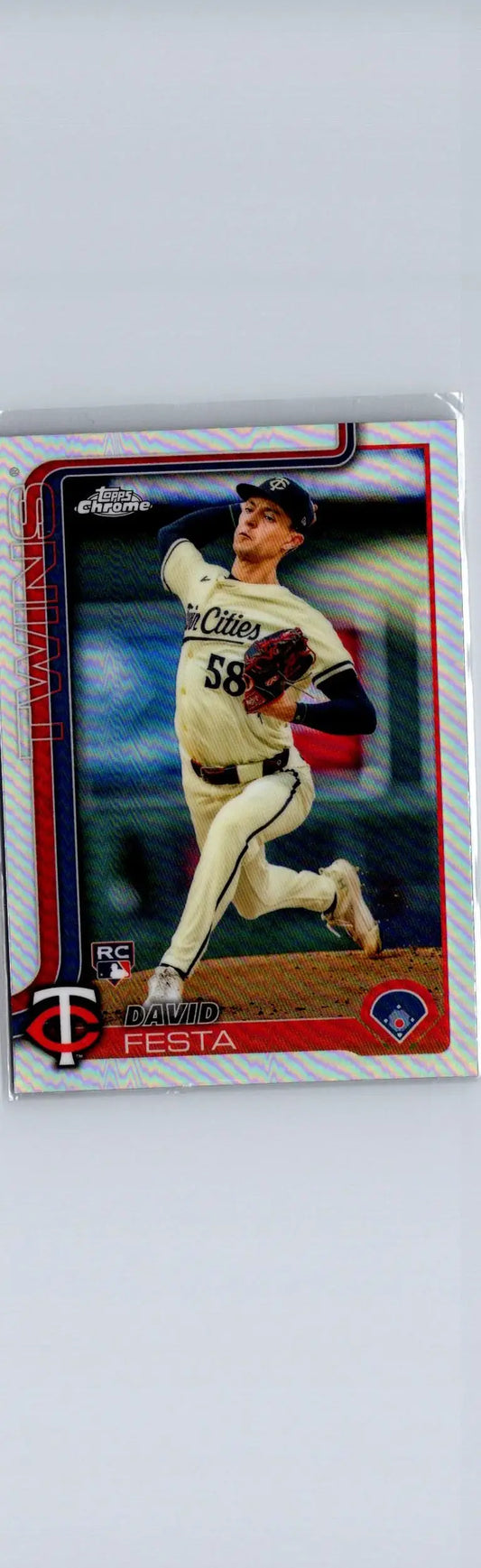 Baseball trading card featuring David Festa in cream uniform from 2025 Topps Chrome Refractors
