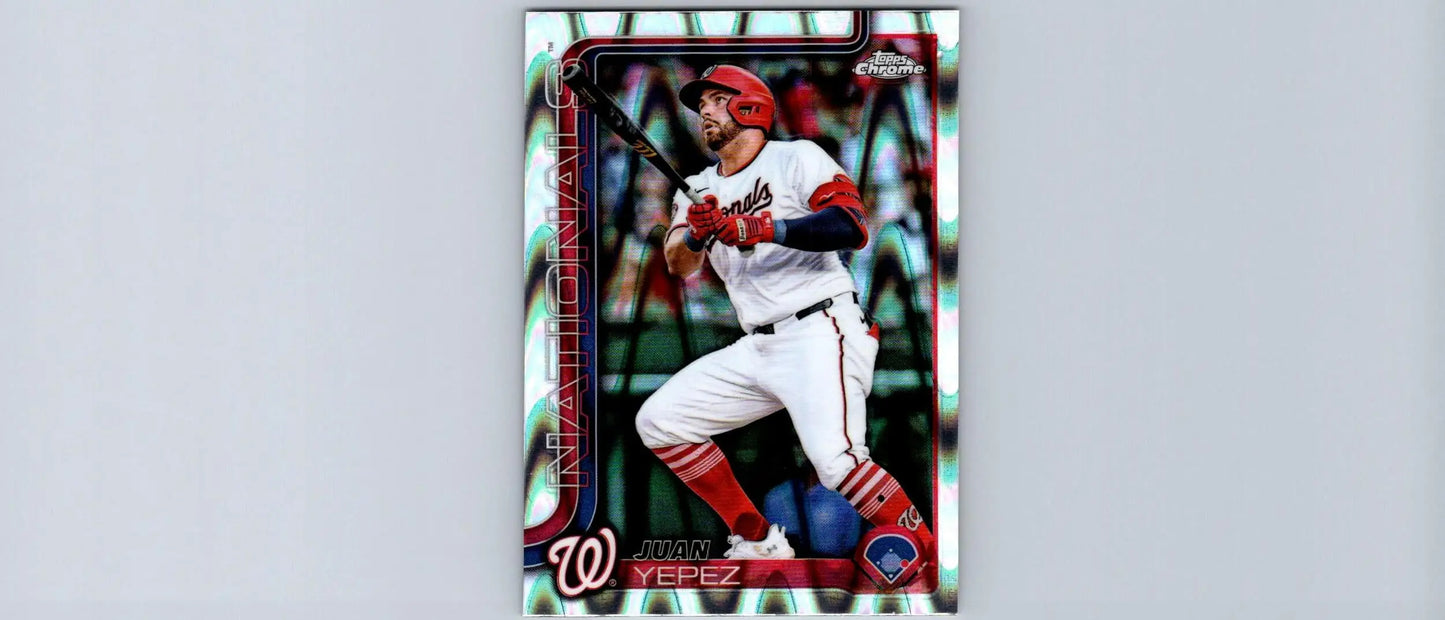 Baseball trading card featuring Juan Yepez in batting stance from 2025 Topps Chrome Yepez Raywave Refractors