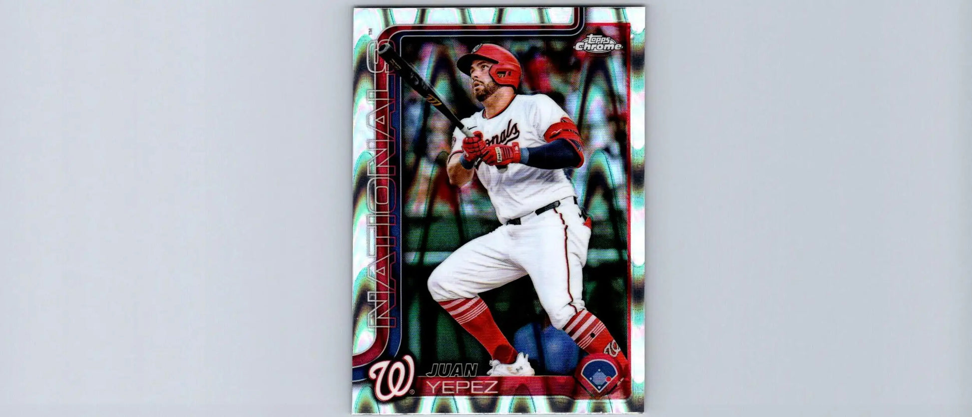 Baseball trading card featuring Juan Yepez in batting stance from 2025 Topps Chrome Yepez Raywave Refractors