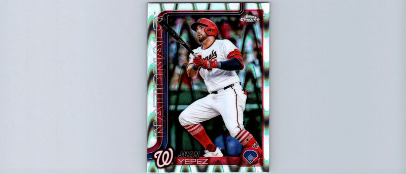 Baseball trading card featuring Juan Yepez in batting stance from 2025 Topps Chrome Yepez Raywave Refractors