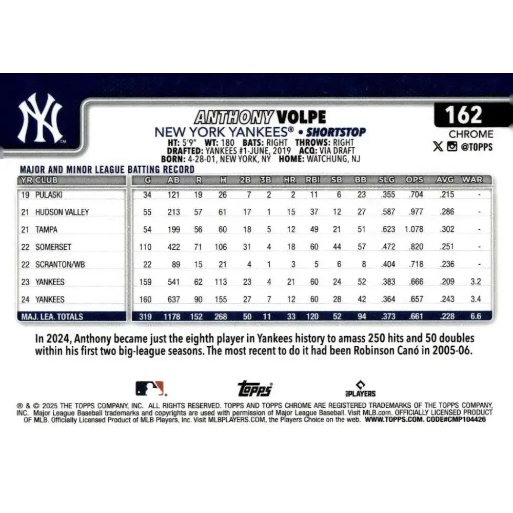 2025 topps Chrome #162 Anthony Volpe NM-MT New York Yankees Baseball Card - Baseball Card Single