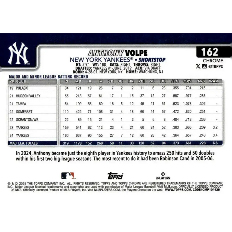 2025 topps Chrome #162 Anthony Volpe NM-MT New York Yankees Baseball Card - Baseball Card Single