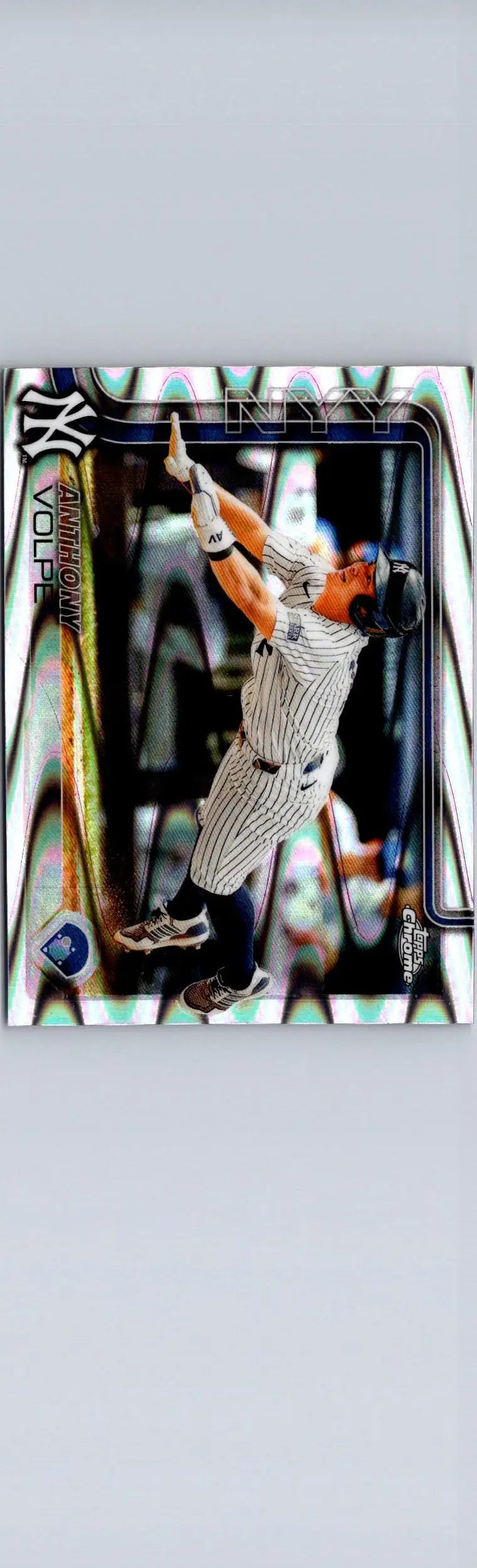 Baseball trading card of Anthony Volpe in Yankees pinstripes from 2025 Topps Chrome Refractors