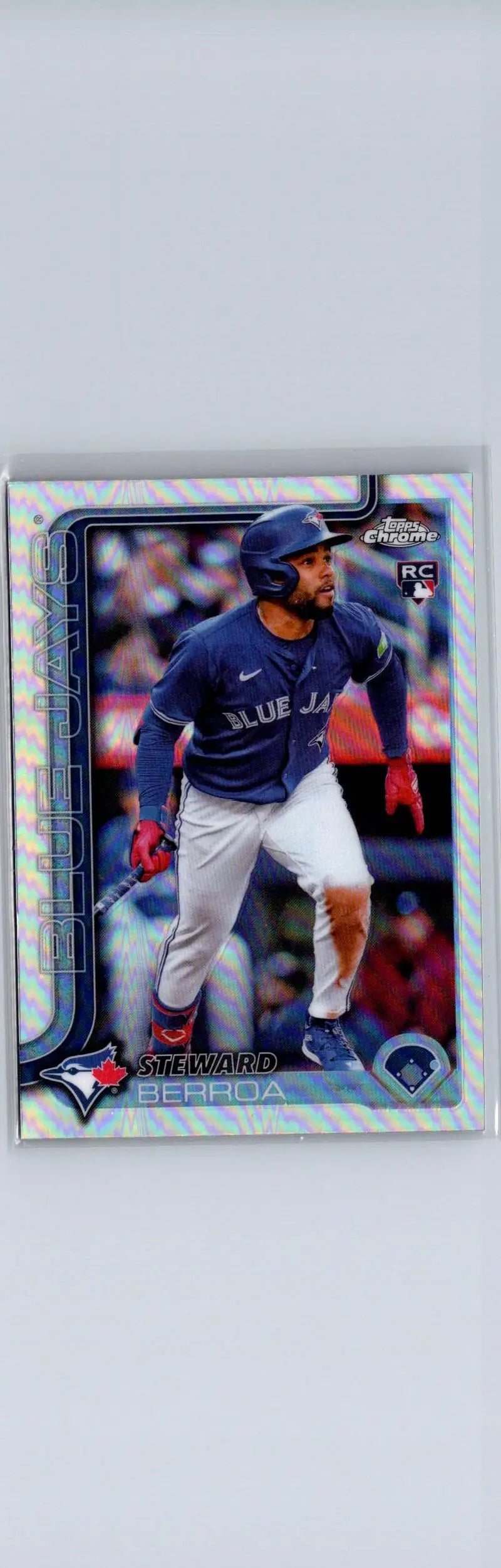 Baseball trading card of Steward Berroa in blue uniform from 2025 Topps Chrome Refractors