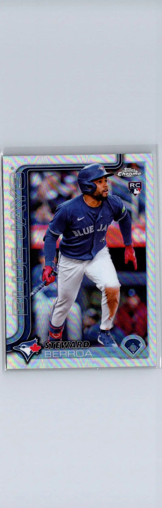 Baseball trading card of Steward Berroa in blue uniform from 2025 Topps Chrome Refractors