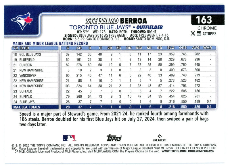 2025 Topps Chrome #163 Steward Berroa Toronto Blue Jays RC - Baseball Card Single