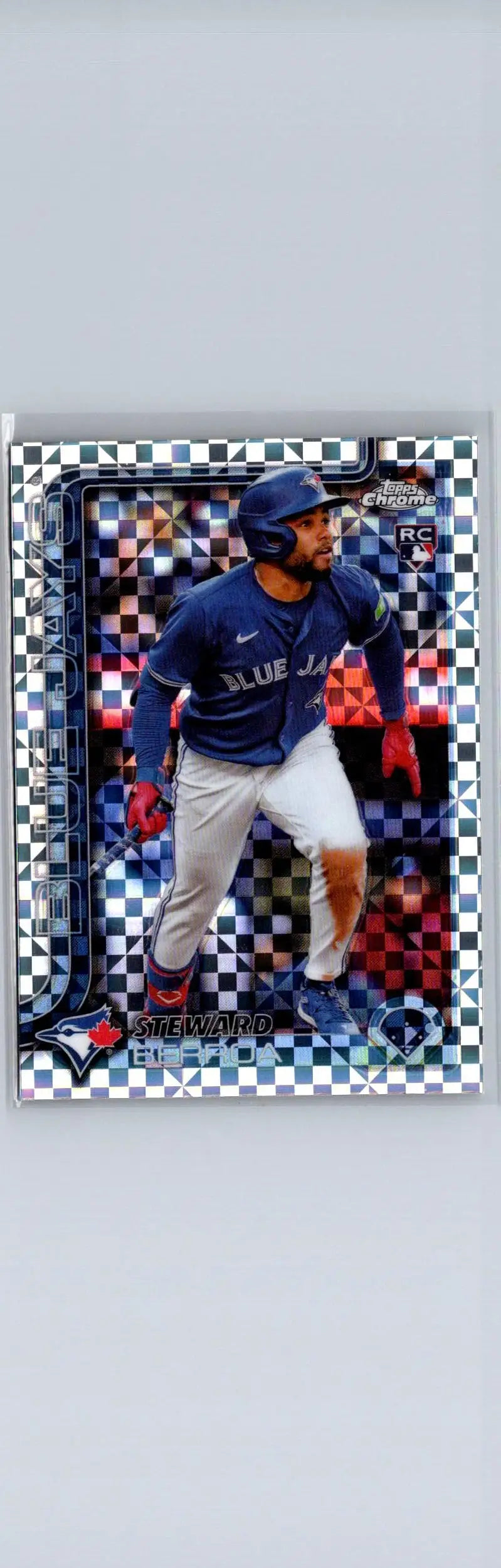 Collectible 2025 Topps Chrome Steward Berroa baseball card featuring Toronto Blue Jays player