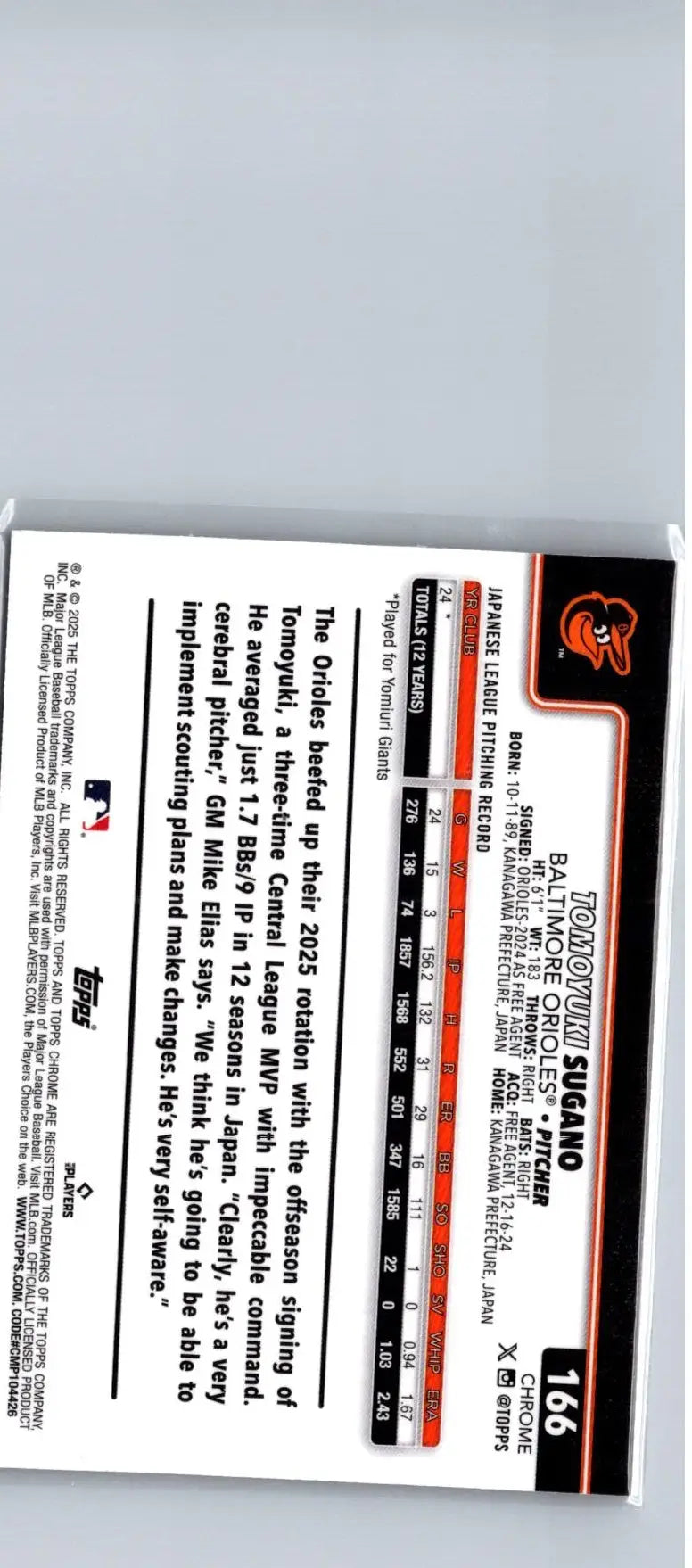 Back of 2025 Topps Chrome Tomoyuki Sugano Raywave Refractors baseball trading card