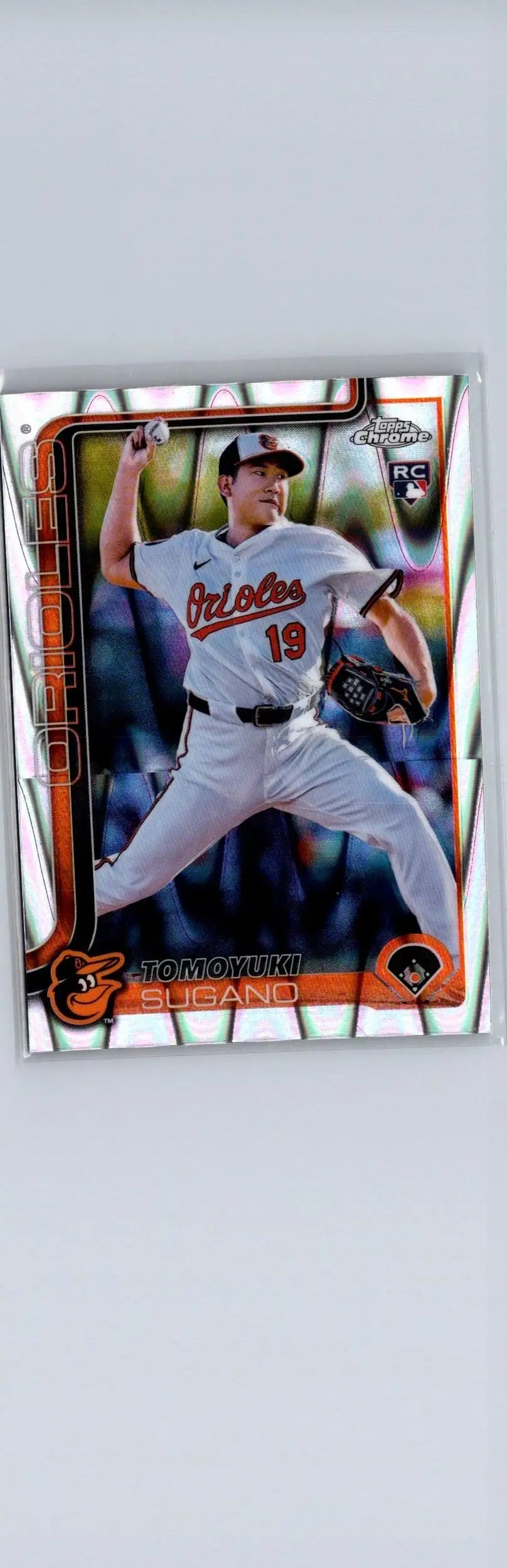 Baseball trading card featuring Tomoyuki Sugano in Orioles uniform from 2025 Topps Chrome Sugano Raywave Refractors