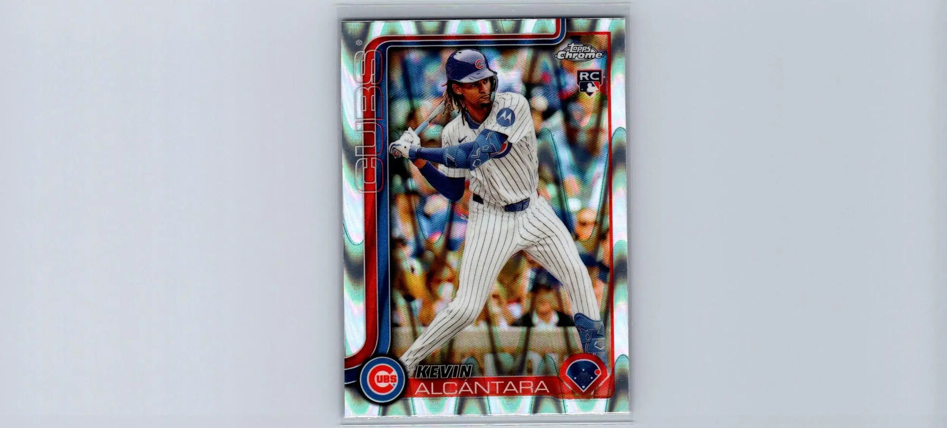 Baseball trading card of Kevin Alcántara in Cubs uniform from 2025 Topps Chrome Raywave Refractors
