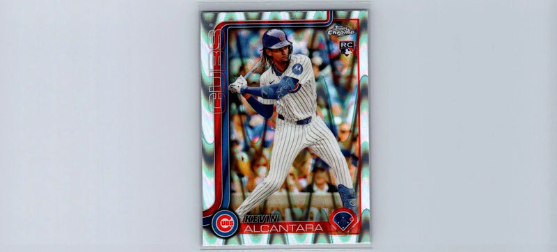 Baseball trading card of Kevin Alcántara in Cubs uniform from 2025 Topps Chrome Raywave Refractors