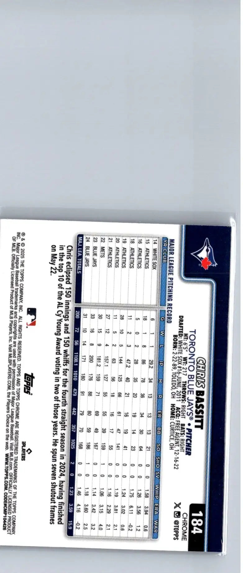 2025 Topps Chrome Chris Bassitt X-Fractors baseball trading card
