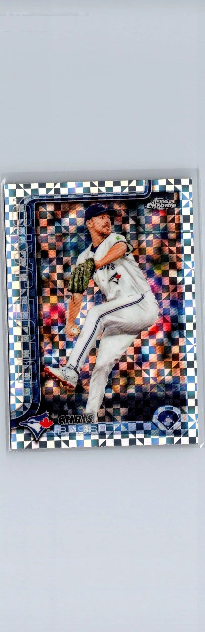 Topps Chrome baseball card featuring Chris Bassitt with checkered pattern design