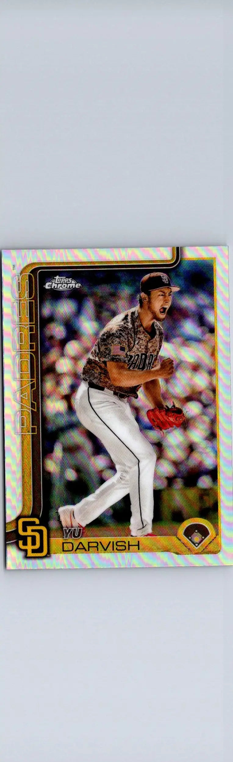 Baseball trading card featuring Yu Darvish in San Diego Padres uniform from 2025 Topps Chrome Darvish Refractors