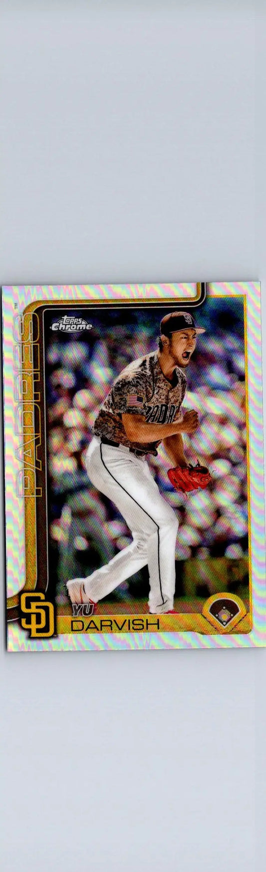 Baseball trading card featuring Yu Darvish in San Diego Padres uniform from 2025 Topps Chrome Darvish Refractors