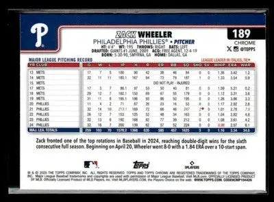 2025 Topps Chrome #189 Zack Wheeler Prism Refractors - Baseball Card Single