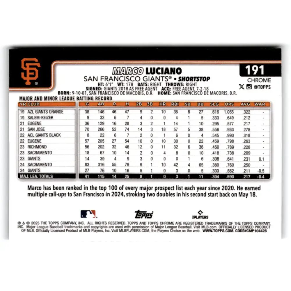 2025 topps Chrome #191 Marco Luciano NM-MT San Francisco Giants Baseball Card - Baseball Card Single