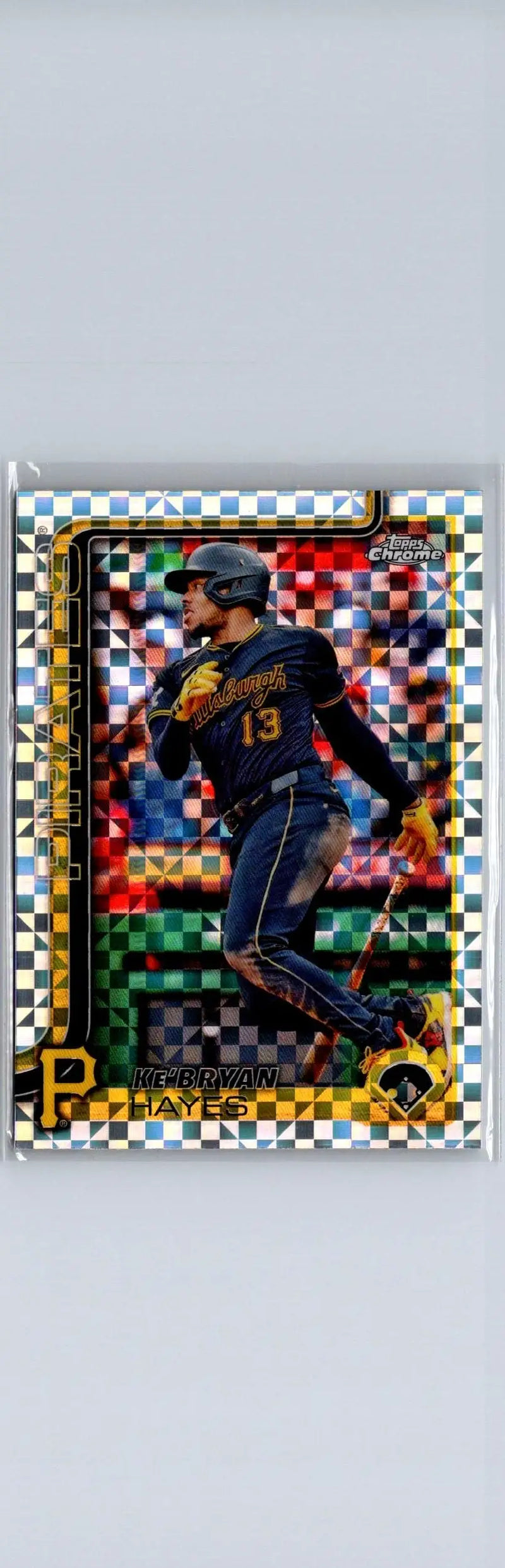 Baseball card of Ke’Bryan Hayes in black and yellow Topps Chrome X-Fractors foil pattern