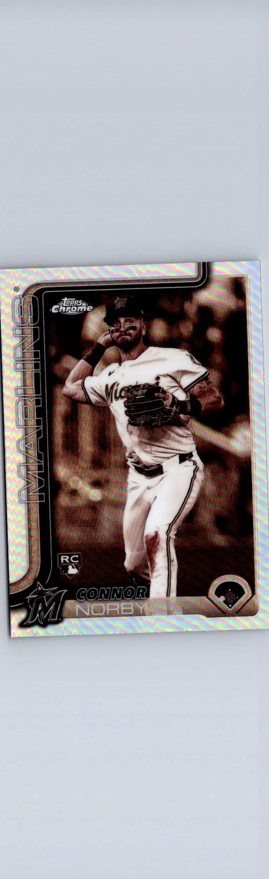 2025 Topps Chrome Connor Norby Sepia Refractors baseball trading card featuring Norby in a throwing pose