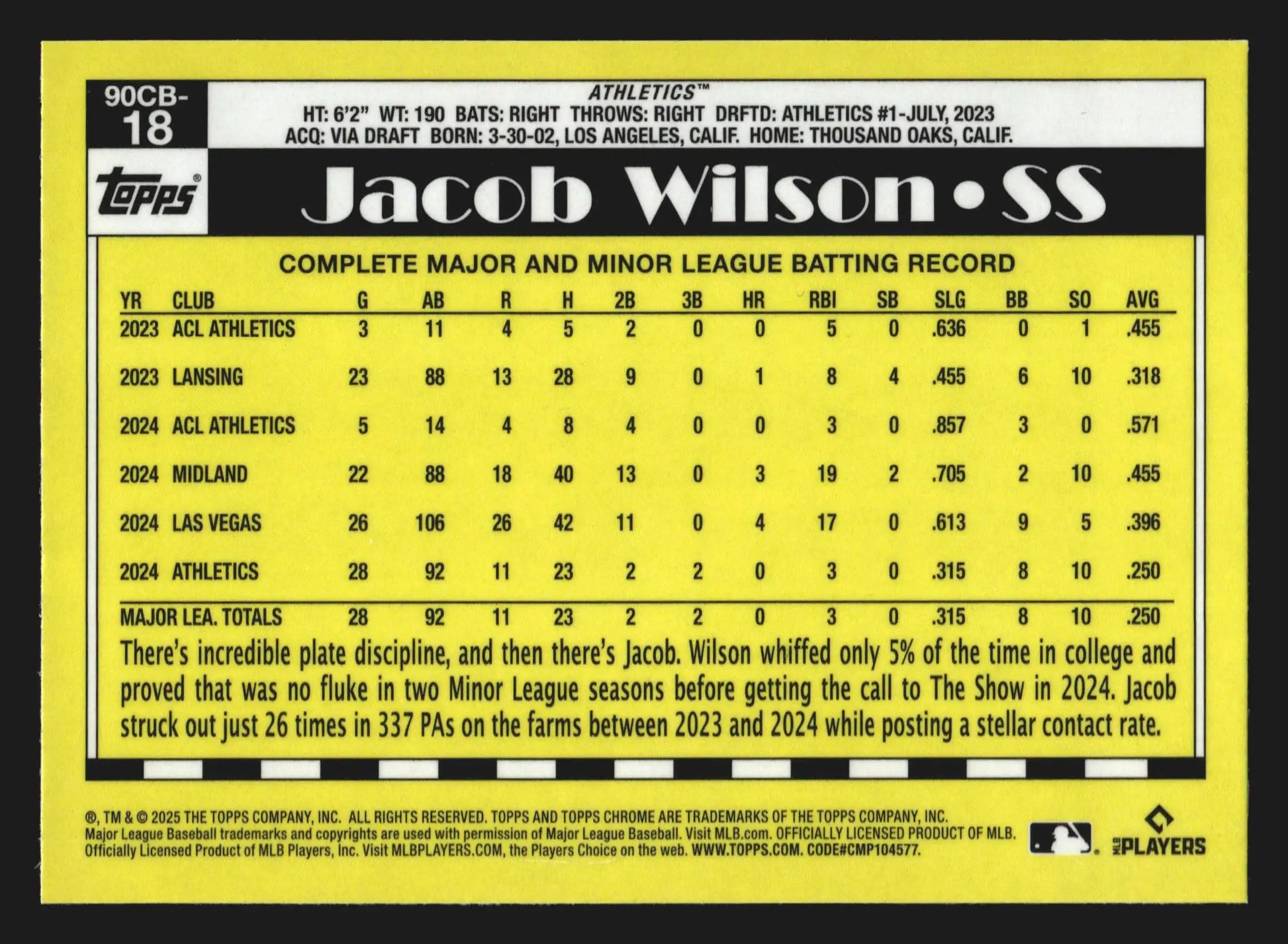 2025 Topps Chrome 1990 Topps #90CB-18 Jacob Wilson Athletics RC - Baseball Card Single