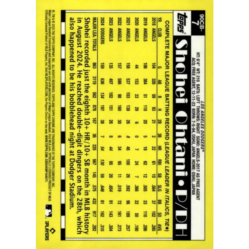 2025 topps Chrome 1990 Topps Baseball #90CB-7 Shohei Ohtani NM-MT Los Angeles Dodgers Baseball Card - Baseball Card