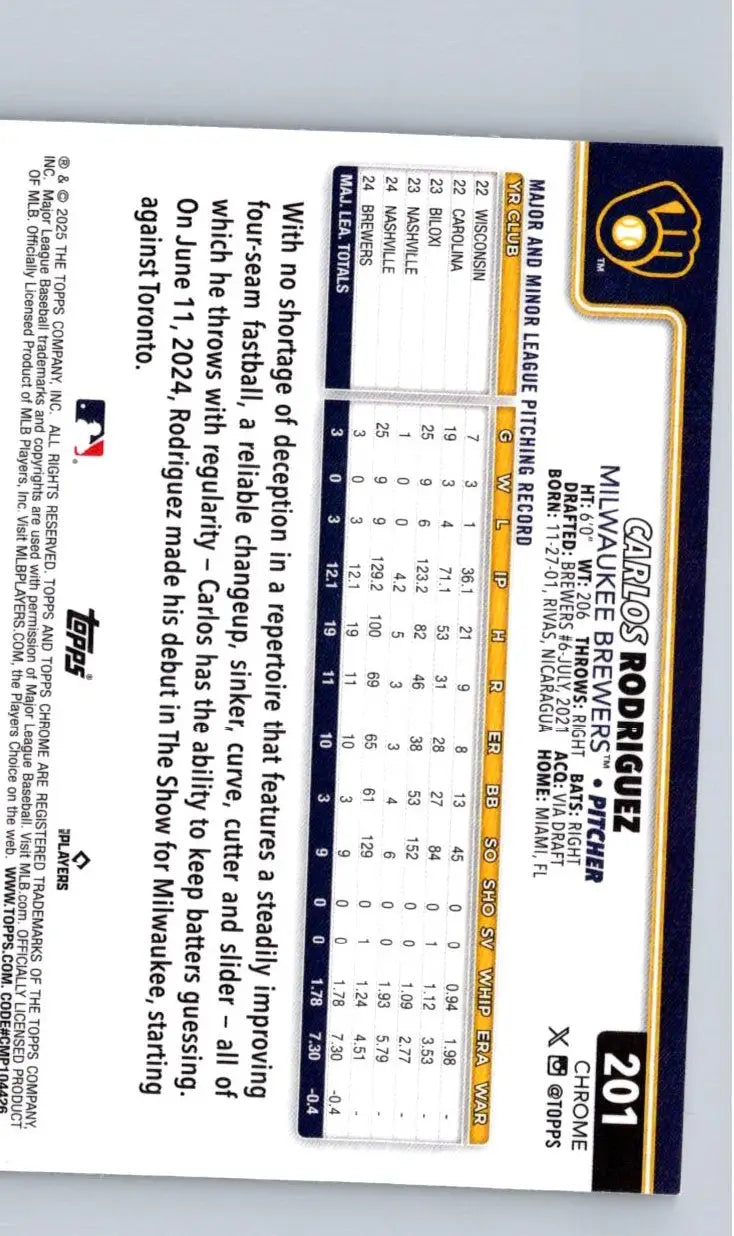 Baseball trading card of Carlos Rodriguez Sepia Refractors for Milwaukee Brewers