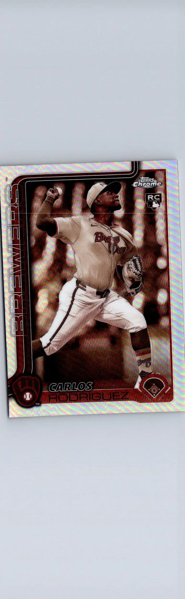 Baseball trading card of Carlos Rodriguez in throwing motion from 2025 Topps Chrome Rodriguez Sepia Refractors