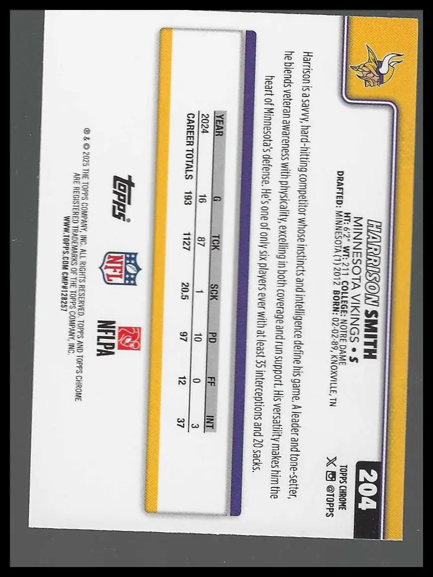 2025 Topps Chrome #204 Harrison Smith Aqua Refractor #/199 - Football Card Single